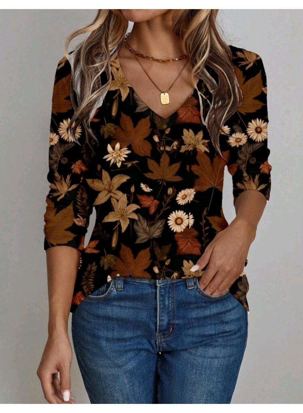 EMERY ROSE Women's V-Neck Long Sleeve T-Shirt With Vintage Floral Pattern